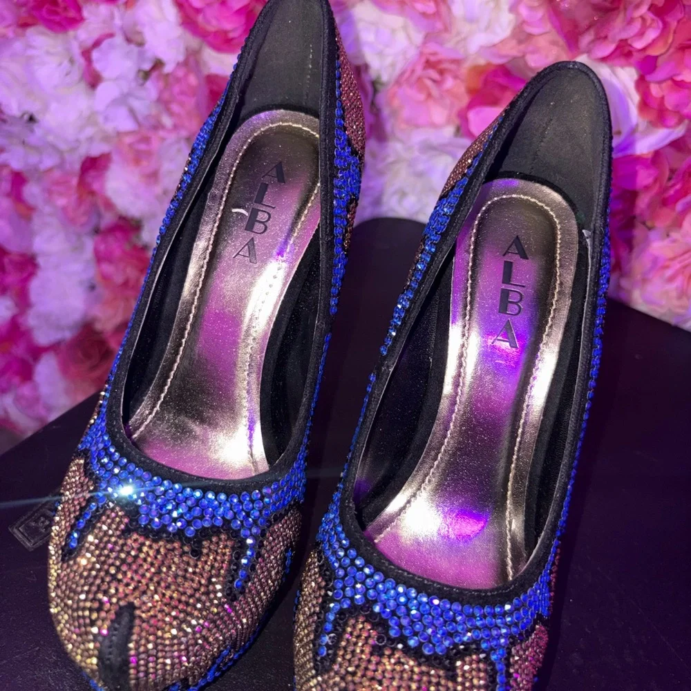 ALBA Lola-8 Blue Bronze Rhinestone Platform Pumps Size 7.5 Evening Prom Heels